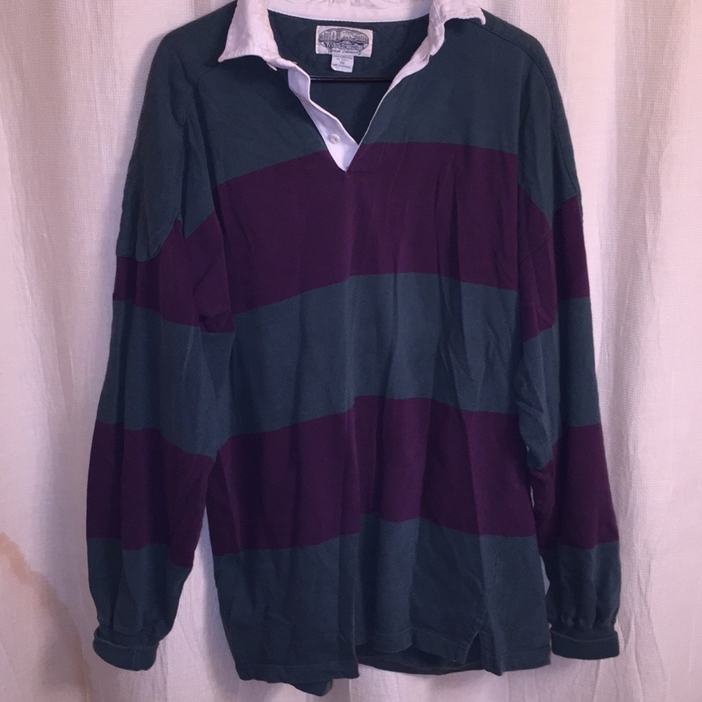 Britches purple/green striped rugby shirt.